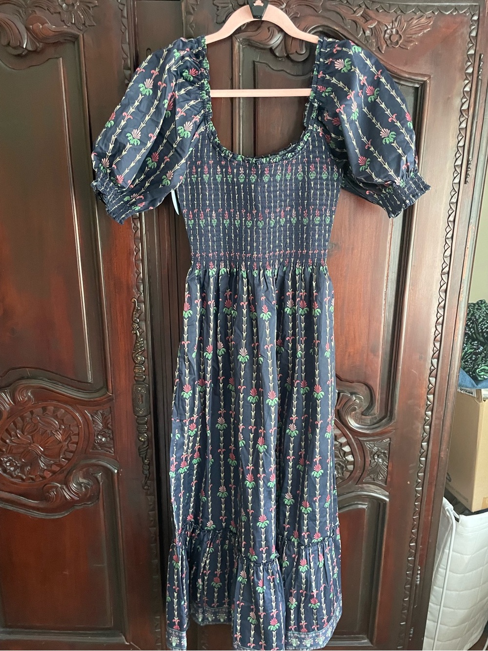 Hill House Navy Floral Smocked Midi Dress with Puff Sleeves